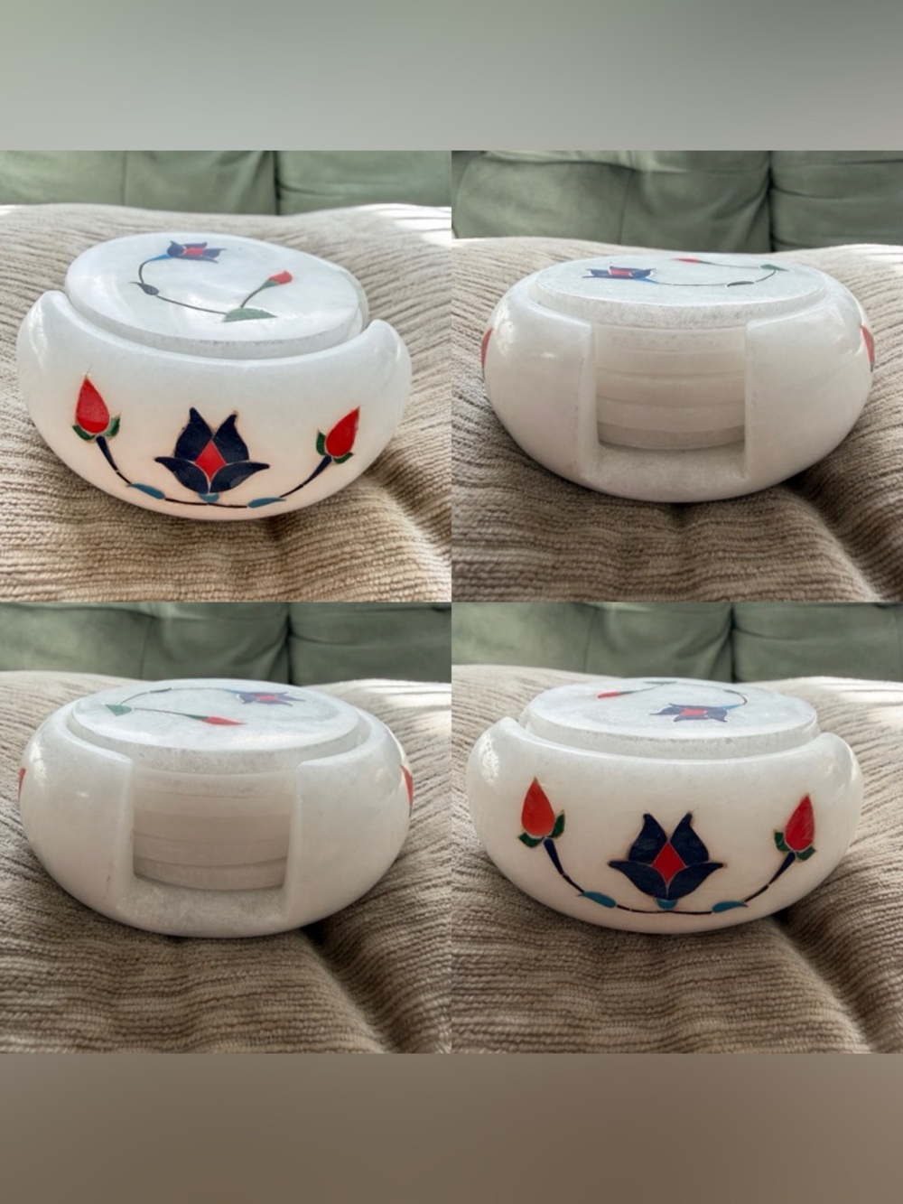 Set of 6 Vintage Marble Coasters with Holder Stone Inlay Flower Boho Pietra Dura